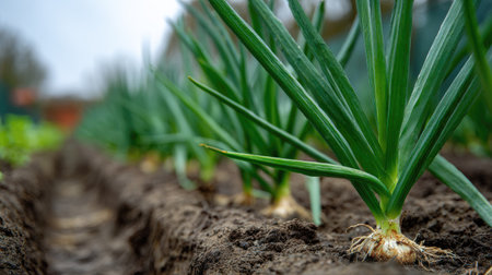 A close-up view of fresh green onions growing in nutrient-rich soil on a vibrant day, showcasing their growth and health in a vegetable garden.の素材