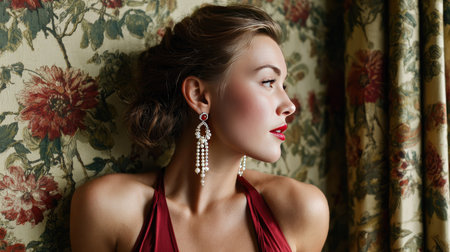 A stunning portrait of a woman showcasing her elegance with red lips and exquisite earrings. The vintage floral background adds a sophisticated touch.の素材
