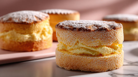 This image showcases a beautifully crafted sponge cake filled with creamy goodness, perfect for dessert lovers. Ideal for bakery or recipe themes.の素材