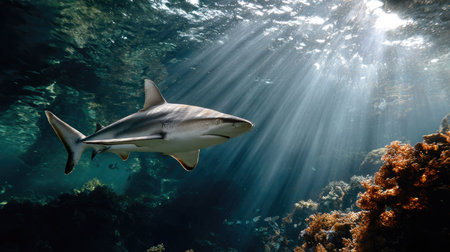 A stunning underwater scene featuring a shark swimming gracefully in clear ocean waters, surrounded by vibrant coral reefs and illuminated by sunlight rays.の素材