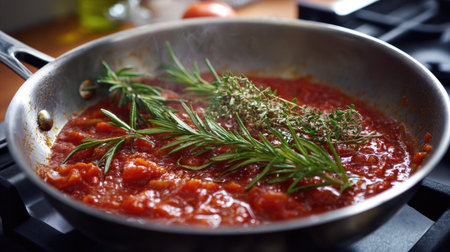 A vibrant cooking scene featuring fresh tomato sauce simmering in a pan with aromatic rosemary and thyme. Perfect for culinary inspiration.の素材