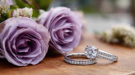 This exquisite image features elegant diamond engagement rings placed among delicate lavender roses on a rustic wooden surface, evoking romance and beauty.の素材