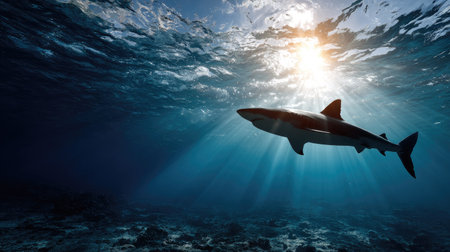 A stunning image of a solitary shark gliding through deep ocean waters, with dazzling sunlight rays filtering through the surface, creating a mesmerizing scene of tranquility and beauty.の素材