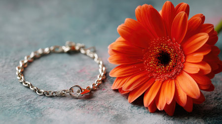 A shining silver bracelet elegantly placed next to a vibrant orange gerbera flower, presented against a soft textured background, ideal for jewelry and nature lovers.の素材
