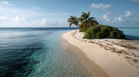 This stunning image captures a tranquil tropical island with golden sands, lush palm trees, and clear blue waters, showcasing nature's serene beauty.の素材