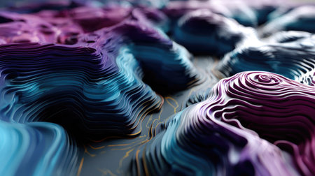 This image showcases an abstract 3D topographical landscape featuring colorful waves and intricate patterns in shades of purple and blue, enhanced with golden lines.の素材