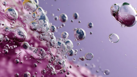 This captivating image showcases a close-up view of water bubbles suspended in a vibrant purple background. The intricate details and sparkling reflections create a sense of beauty and tranquility.の素材