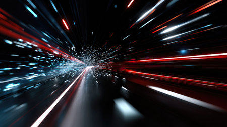 This striking abstract image features vibrant red and blue light streaks set against a dark background, conveying a powerful sense of movement and speed.の素材