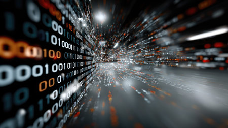This abstract image showcases a dynamic digital data stream with binary code, featuring motion blur effects that evoke a sense of speed and modern technology.の素材