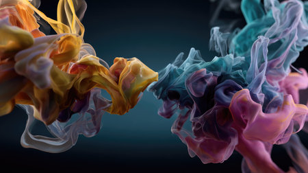 A captivating image showcasing colorful smoke swirls intertwining in a fluid motion against a dark backdrop, evoking a sense of creativity and beauty.の素材
