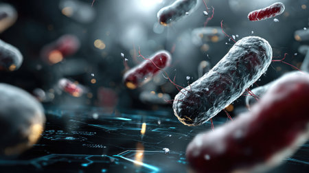 This image showcases an imaginative depiction of bacteria in a digital setting, emphasizing intricate details and vibrant contrasts, perfect for science-related themes.の素材