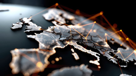 This conceptual image showcases Europe with intricate digital network connections, symbolizing global communication and data exchange across the continent.の素材
