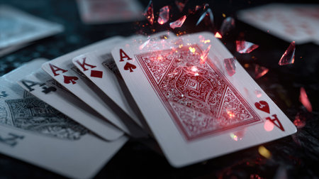 This visually captivating image showcases a dynamic arrangement of playing cards, featuring shattering glass and vivid energy bursts, creating a thrilling atmosphere.の素材