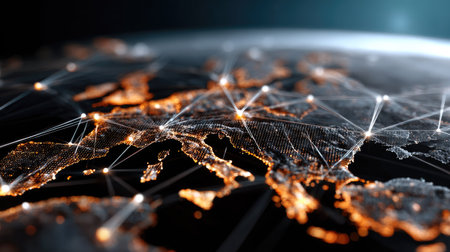 A captivating abstract illustration of digital connectivity over Europe, showcasing glowing nodes and lines in a dark space, representing advanced technology.の素材