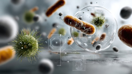 The image illustrates various microorganisms, including bacteria and viruses, captured in a digital art style, with vibrant colors and scientific data overlays, emphasizing the microscopic world.の素材