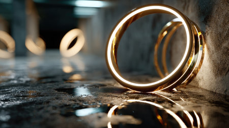 A captivating scene showcasing elegant gold rings positioned gracefully on a reflective surface, illuminated by a warm ambient glow, emphasizing luxury and design.の素材