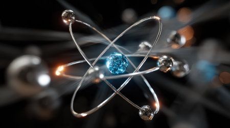 This captivating image depicts a detailed illustration of an atom, featuring vibrant electrons orbiting around a glowing nucleus, showcasing elements of science and technology.の素材