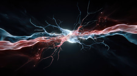 This captivating image showcases the electric fusion of blue and red energy streams creating an abstract dynamic pattern against a dark background.の素材