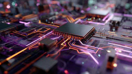 This mesmerizing close-up image showcases a futuristic circuit board with vibrant colors and intricate patterns, highlighting the beauty of technology and innovation.の素材