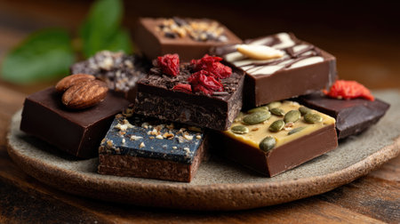 A delightful assortment of gourmet chocolate pieces featuring nuts, berries, and various rich flavors, beautifully arranged on a rustic plate, perfect for any dessert lover.の素材