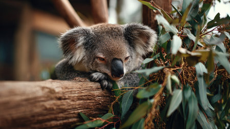A close-up view of a peaceful koala resting on a eucalyptus branch in its natural habitat. The adorable animal showcases its soft fur and relaxed demeanor.の素材