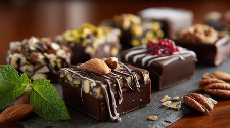 A stunning close-up of gourmet chocolate confections featuring assorted nuts and fruits, beautifully arranged on a dark slate plate, ideal for dessert lovers.の素材