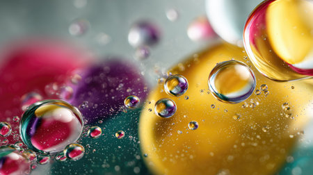 This stunning image showcases vibrant water droplets resting on a colorful background, capturing the enchanting play of light and texture in a serene abstract style.の素材