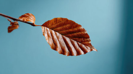 A striking close-up of an isolated autumn leaf attached to a branch, showcasing the intricate textures and warm brown hues against a soft blue background.の素材