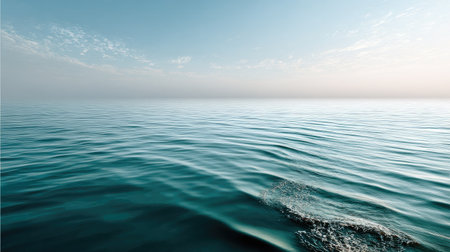 This serene image captures a tranquil ocean view featuring gentle waves and a clear blue sky at sunrise, evoking a sense of peace and calmness.の素材