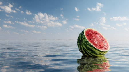 A vibrant watermelon slice floats peacefully on the surface of calm water, surrounded by a clear blue sky and soft clouds, evoking feelings of summer.の素材