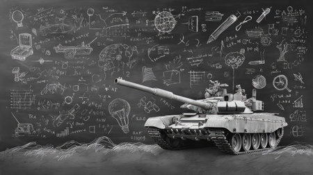 A striking black and white image featuring a military tank set against scientific diagrams on a blackboard, symbolizing the intersection of technology and education.の素材