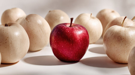 A striking image featuring a single red apple contrasted against a circle of white apples, emphasizing simplicity and elegance in food photography.の素材