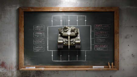 A detailed image of a military tank model placed on a chalkboard featuring strategic diagrams and planning notes. Ideal for educational and military-themed projects.の素材