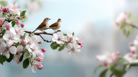 This enchanting image captures two lovely birds perched on a blooming apple blossom branch, creating a serene connection with nature amidst delicate petals and spring colors.の素材
