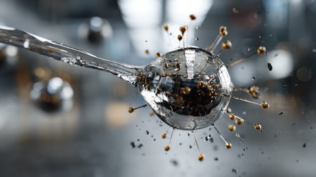 High-resolution image of a water droplet splashing with particles, showcasing stunning detail and vibrant clarity in a dynamic environment.の素材