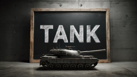 A striking image showcasing a military tank positioned in front of a chalkboard prominently displaying the word "TANK". The setting combines industrial aesthetics with themes of warfare and technology.の素材