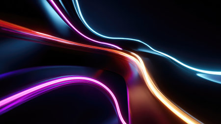 This captivating image features abstract flowing lines in vibrant neon colors against a dark background, showcasing dynamic movement and energy.の素材