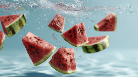 Enjoy the vibrant splashes of fresh watermelon slices falling into clear blue water, capturing the essence of summer freshness and hydration.の素材