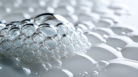 This stunning close-up photo showcases clear bubbles resting on a glossy surface, reflecting light with a beautiful transparency and texture.の素材