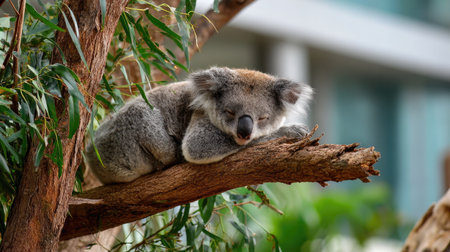 A serene koala peacefully sleeps on a tree branch, surrounded by lush green foliage. The image captures the tranquility of wildlife in its natural habitat.の素材