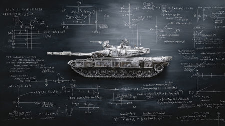 A striking image of a military tank displayed against a blackboard filled with equations and diagrams, symbolizing the intersection of warfare and technology in education.の素材