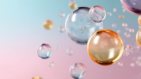 Colorful soap bubbles float gracefully against a soft pastel background, creating a captivating visual that evokes joy and playful elegance in any design.の素材