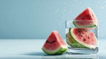 Delight in the vibrant scene of watermelon slices splashing into a clear glass of water. Perfect for summer themes, this image captures freshness and hydration.の素材
