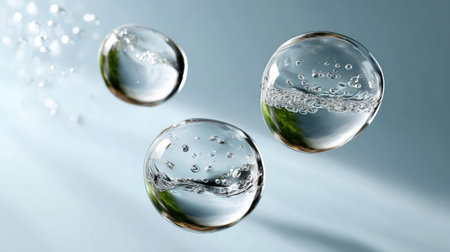 A captivating image of transparent bubbles with air and water, beautifully suspended against a soft blue backdrop, evoking freshness and serenity.の素材