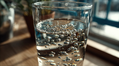 A close-up view of a glass filled with sparkling water, showcasing bubbles rising in a clear liquid. The shot captures the essence of refreshment and hydration.の素材