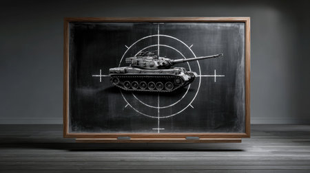 This striking image features a vintage tank artwork displayed on a chalkboard with a target design, framed in rich wood, creating a unique modern room aesthetic.の素材