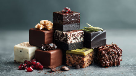A stunning arrangement of assorted gourmet chocolates and sweets featuring nuts and pomegranate, perfect for events, celebrations, and indulgent treats.の素材