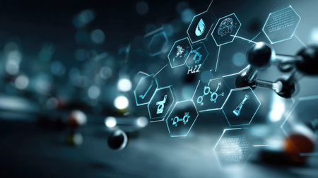 This abstract image showcases a futuristic concept of molecular science, featuring digital data, chemical structures, and a sleek background that embodies innovation.の素材