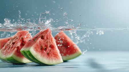 A stunning capture of fresh watermelon slices splashing into clear water, creating beautiful bubbles and ripples, perfect for summer-themed imagery.の素材