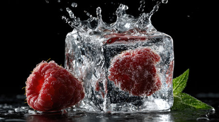 A stunning capture of a raspberry ice cube splashing into water, accompanied by fresh mint leaves, creating a vibrant and refreshing scene.の素材